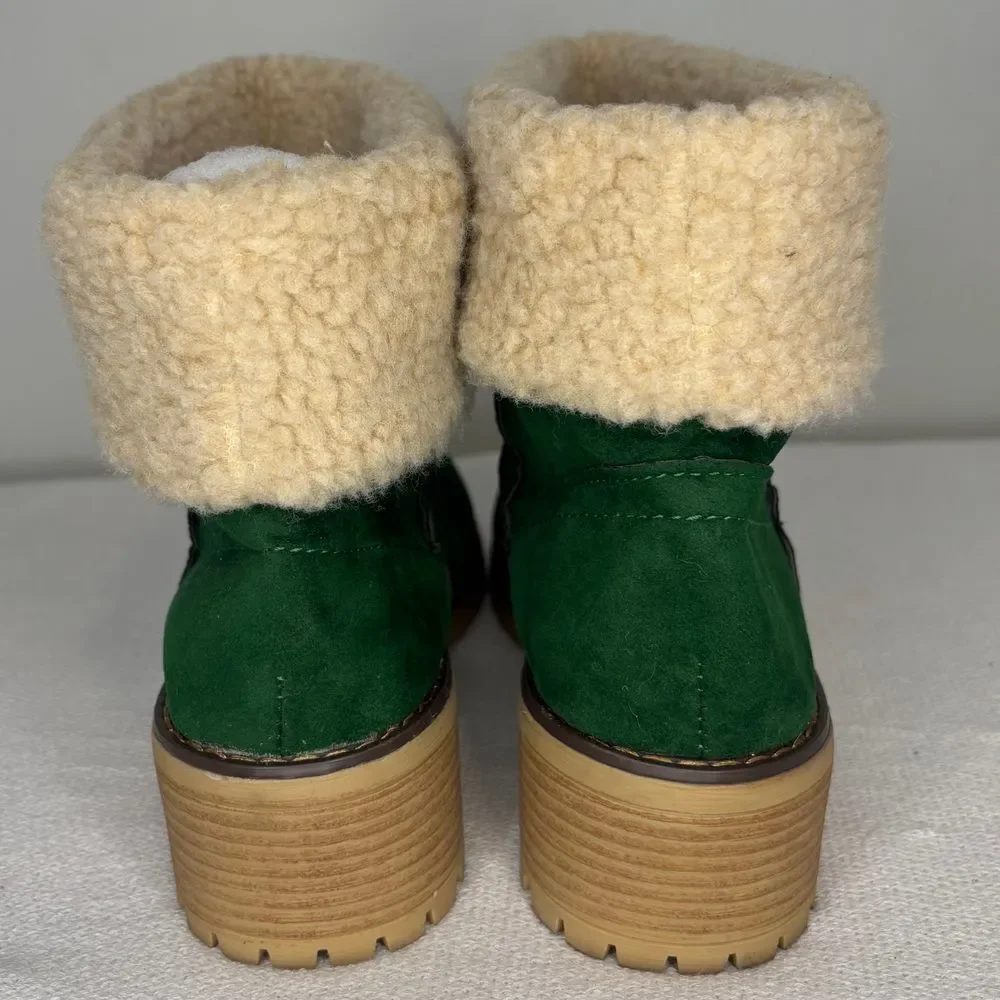 Green Ankle Boots Christmas Holiday Fuzzy Sherpa Heel Sz 9.5 Women's Winter Boot